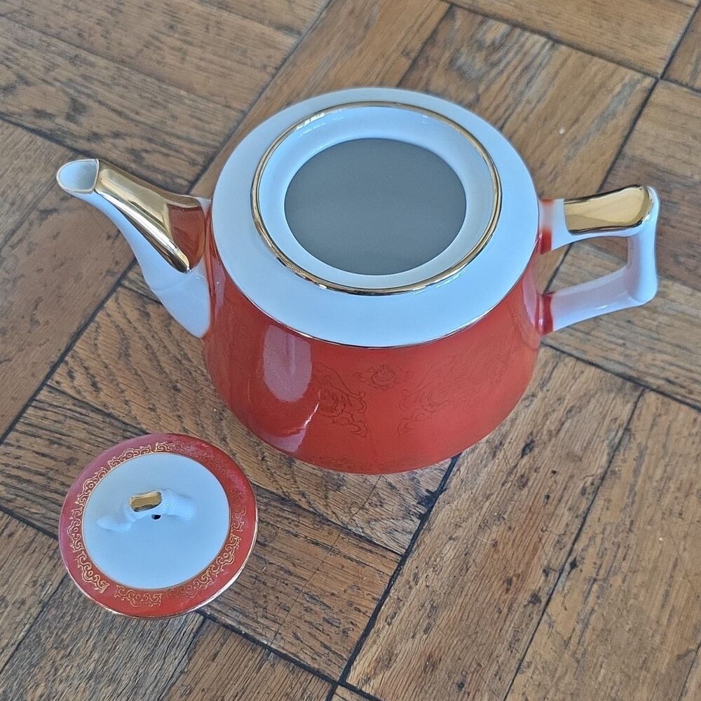 VTG Tangshan China Porcelain Teapot Orange Red Gold Trim Greek Key Mid Century